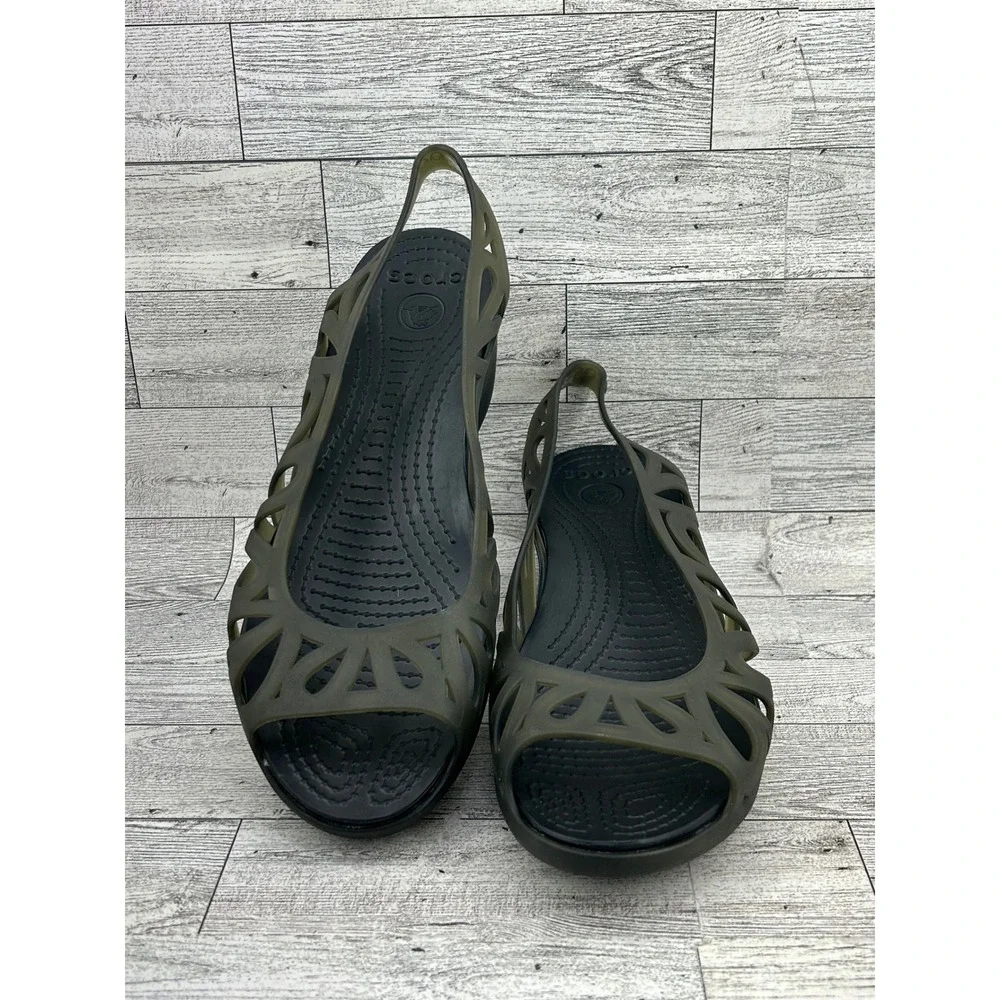 Crocs Adrina‎ III Peep Toe Wedge Sandals Army Green Black Womens 9 14937